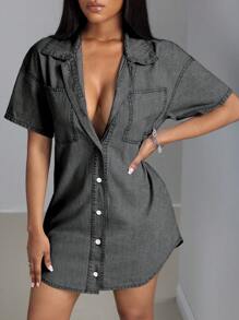 SHEIN SXY Đầm denim dáng rộng đơn giản hở vai tay ngắn đơn hàng khuy đơn dành cho nữ - Xám - Xem 5