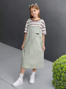 2件套女童条纹插肩袖圆领T恤和字母印花吊带裙套装