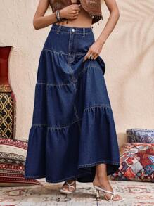 Vivid Eden 女士休闲度假蓝色多层荷叶边长假夏季牛仔裙女士西部风波西米亚风