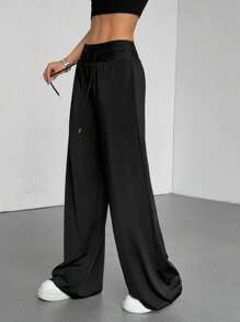 Flirla 1pc Women's Solid Color Loose Drawstring Wide-Leg Pants, Casual Minimalist Design, Suitable For Daily Wear, Spring/Summer, Back-To-School Fall Cloth For Women - Black - View 5