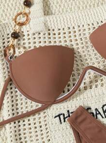 Swim Chiccia 女式可拆卸钢圈聚拢硬杯露背吊带性感比基尼泳装，夏季 - 棕色 - 查看 5