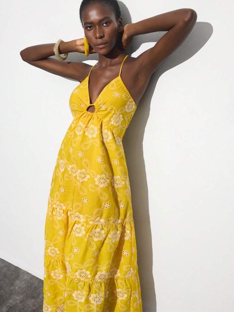 SHEIN Maija Summer White And Yellow Boho Vacation Holiday Women's Dress,Embroidered Backless Criss-Cross Tie-Up Bow Cutout,Elegant Wedding Guest Outfit