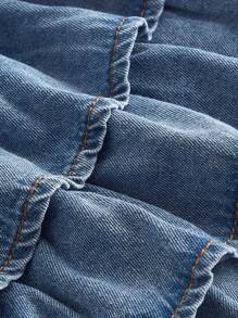 SHEIN MOD Plus Size Women Bow Decor Ruffle Trim Denim Skirt Pants - Light Wash - View 4