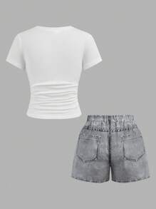 SHEIN Girlism Tween Girl Casual Street Fitted Crew Neck Ruched Short Sleeve Top With Hair Scrunchie And Hair Band Set, Denim-Effect Graffiti Print Shorts - White - View 2