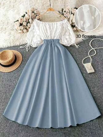 EMERY ROSE 大码女式露肩拼色系腰 A 字连衣裙，优雅派对、情人节、日常穿着，春夏季