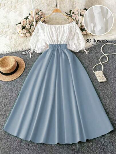 EMERY ROSE 大码女式露肩拼色系腰 A 字连衣裙，优雅派对、情人节、日常穿着，春夏季