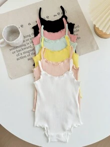 SHEIN LMoss Kids Bộ 6 món/Bộ đồ liền thân dệt kim màu trơn có dây đeo cho bé gái sơ sinh mùa hè - Nhiều màu - Xem 6