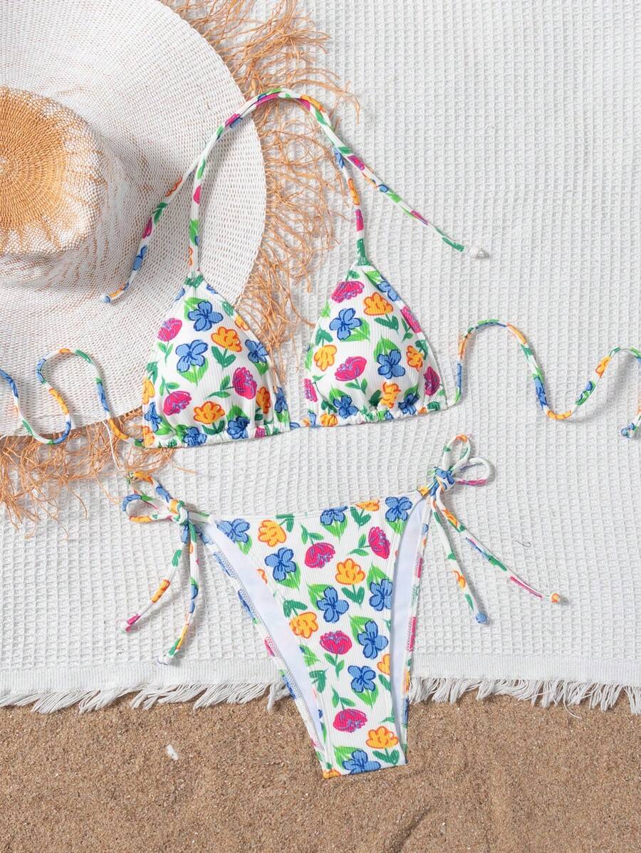 Swim Mod Set de bikini de 2 piezas con estampado floral acanalado y nudo frontal - Multicolor - Ver 1