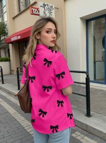 INAWLY 女式蝴蝶结印花单排扣休闲短袖衬衫