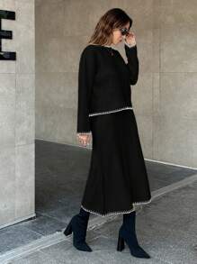 EURMUSE Women Solid Color Rib Knit Handmade Stitch Detailed Sweater & Sweater Skirt Set,Petite,Winter Clothes - Black - View 5