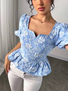 Elenzga Casual Blue Shirt With Square Neck, Jacquard, And Ruffle Hem, Short Sleeve - Blue - View 5
