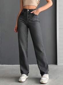 SHEIN Cottnline 100%Cotton High Waist Straight Leg Jeans - Light Grey - View 5