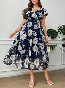 Ellevyn Plus Size Elegant Floral Print Dress,Navy Blue,Summer,Wedding Bridal Guest,Graduation Dresses For Women,Prom Party,Birthday,Graduation Outfit,Black - Multicolor - View 2