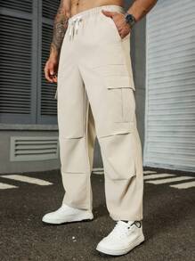Manfinity Homme Pantalones casuales de unicolor con bolsillos cargo para hombres de talla grande, otoño - Albaricoque - Ver 5