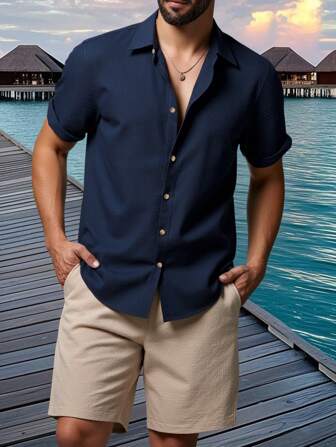 Manfinity RSRT Men's Casual Vacation Short Sleeve Shirt Set Summer Vacation Beach Outfits For Men's Vacation Outfits Vacation Clothes For Men Vacation Outfit For Men's Vacation Wear