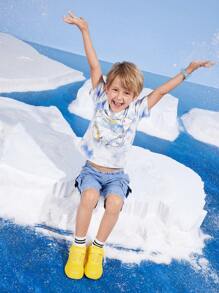 SEALOOK X SHEIN 小男孩卡通可爱海豹蓝色扎染清爽休闲百搭短袖T恤