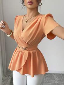 Elenzga Áo sơ mi nữ cổ chữ V mới dệt vải có tay bèo nhún, nút trang trí eo, gấu áo chéo có thiết kế bèo nhún, đa năng, thanh lịch, vừa vặn màu cam - trái cam - Xem 5