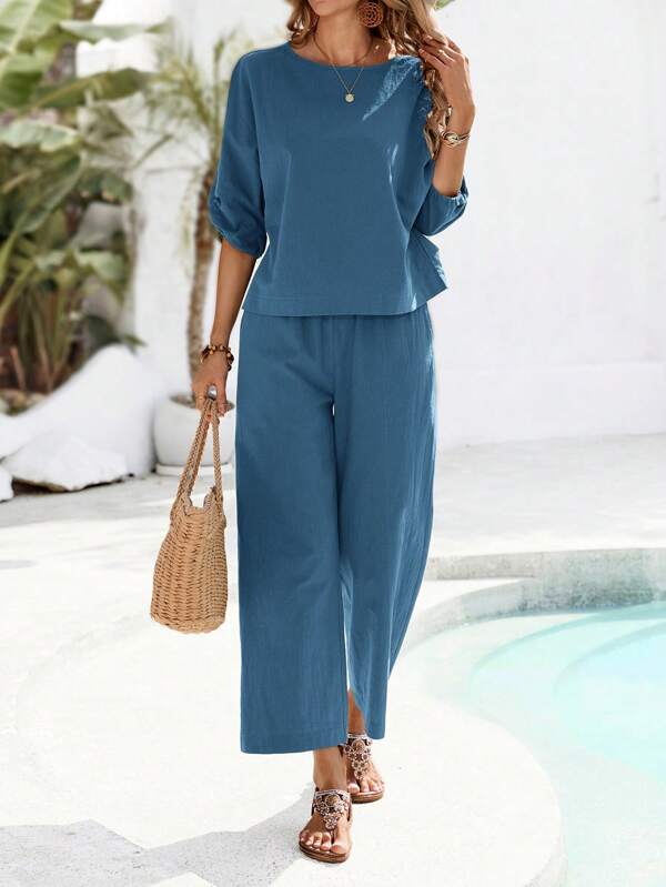EMERY ROSE 2pcs Women Round Neck 3/4 Sleeve Top And Full Length Pants Set, Solid Color Island Vacation Outfits