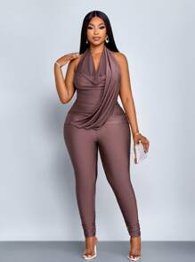 SOLERSUN 女式加大码春夏两件套纯色露背吊带上衣和褶皱紧身裤休闲嬉皮套装 - 棕色 - 查看 6