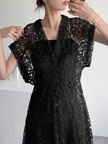 FRIFUL Women's Long Black Sheer Lace V-Neck Waisted Dress, Vacation Beachwear Elegant Prom Dress