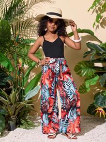 SHEIN Leap Crew Tween Girl Vacation Spaghetti Strap Top And Pants 2 Pieces Set, Suitable For Holiday - Orange - View 1