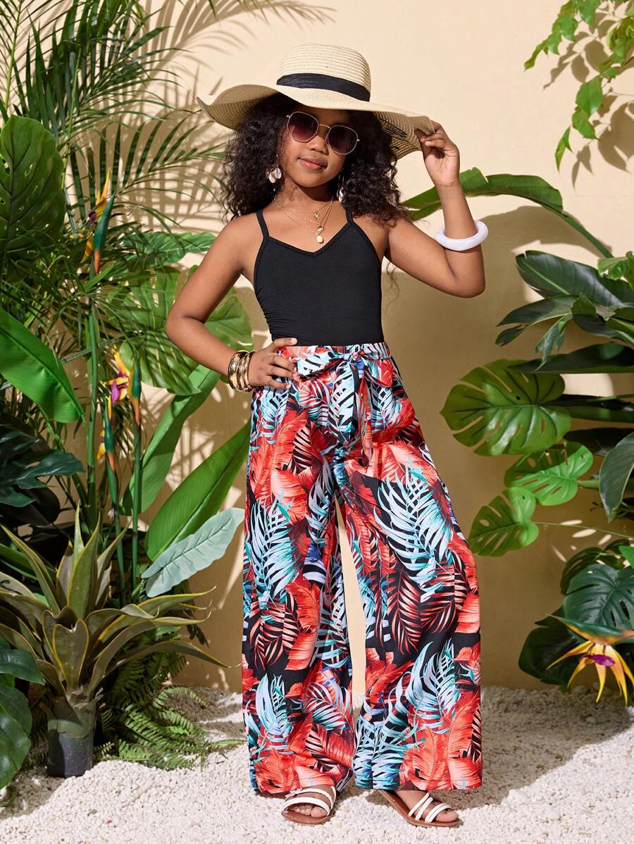 SHEIN Leap Crew Tween Girl Vacation Spaghetti Strap Top And Pants 2 Pieces Set, Suitable For Holiday - Orange - View 1