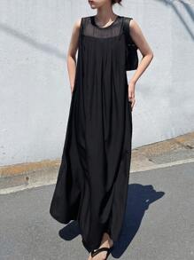 FRIFUL Women Solid Color Sleeveless Dress, Suitable For Vacation & Music Festival - Black - View 2