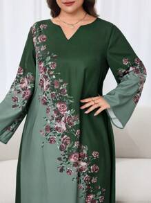 Al Najma Plus Size Women Floral Print V-Neck Long Sleeve Arabic Style Dress, Modest Kaftan - Green - View 6