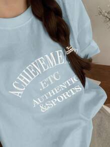 DAZY Women Letter Embroidery Loose Fit Round Neck Short Sleeve T-Shirt