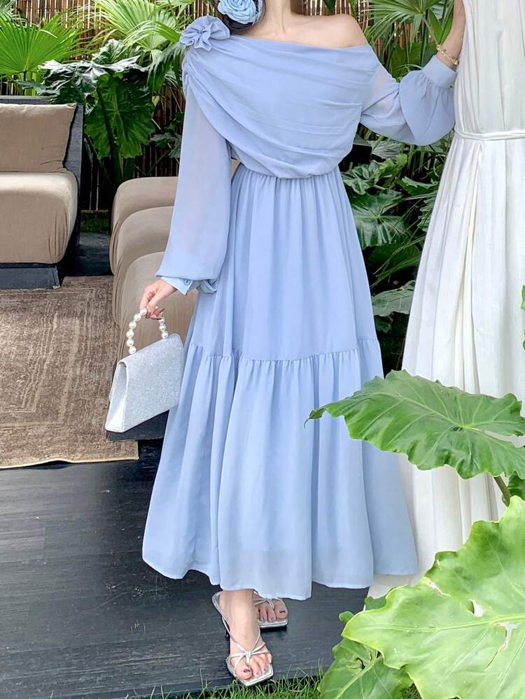 Women's Gradient Colored Asymmetrical Shoulder Midi Length Boho Chic Summer Vacation Dress