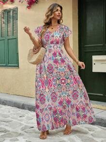 SHEIN LUNE 大码女式花卉印花V领飘袖优雅连衣裙，适合夏季度假 - 粉色 - 查看 3