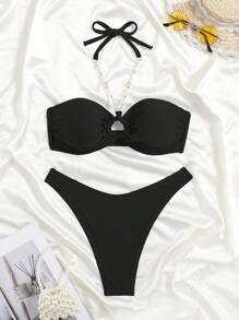 SHEIN Swim Women Bikini Sets Cincin Tie Back Ruched Bust Plain Seksi - Hitam - View 3