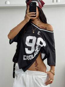 Coolane 女士春夏节日复古街头运动服迷彩数字印花棒球球衣 T 恤 - 黑色 - 查看 6