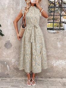 SHEIN LUNE Casual Women Ditsy Floral Cap Sleeve Midi Dress - White - View 6