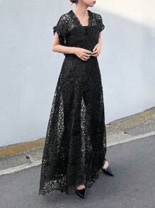 FRIFUL Women's Long Black Sheer Lace V-Neck Waisted Dress, Vacation Beachwear Elegant Prom Dress