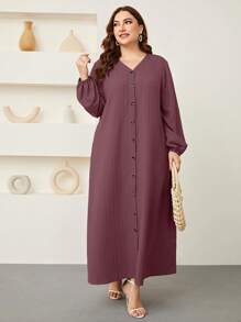Graceveil Plus Lantern Sleeve Button Front Dress Maxi Women Outfit Modest Fall Cloth For Women - Red Violet - View 1