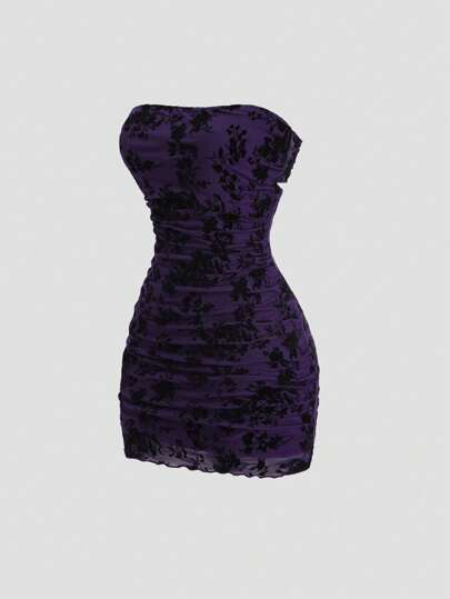 Sweetra Vestido corto de mujer de manga corta, ajustado, de terciopelo con estampado floral recortado al estilo vintage americano para el verano