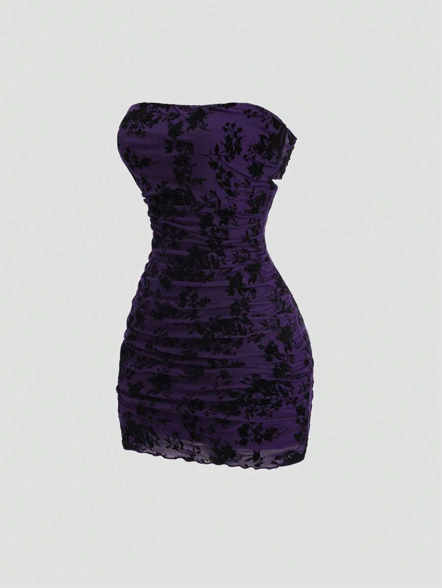 Sweetra 女式复古美式镂空露背天鹅绒花卉印花修身迷你连衣裙，无袖，夏季 - 紫色 - 查看 1