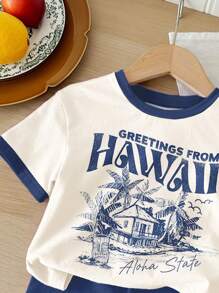 SHEIN Young Girl Vintage Western Landscape Print Casual Short Sleeve Round Neck T-Shirt And Shorts 2 Pieces Outfit, Suitable For Summer
