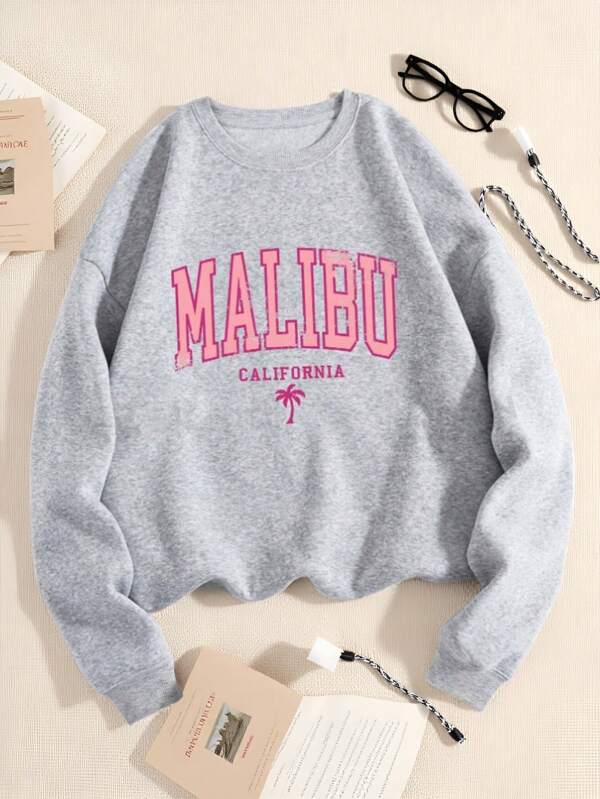 SHEIN Tween Girl Casual Letter Print Long Sleeve Crew Neck Sweatshirt, Fall/Winter