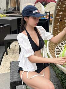 DAZY Women's Hollow-Out Lace-Up Beach Cover-Up, Spring/Summer Vacation - White - View 4