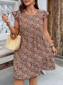 SHEIN VCAY 加大码花卉印花节日圆领盖袖拼接女式夏装、母亲节装束、女士度假装束、狂欢装束、加大码女式西部装束 - 彩色 - 查看 1