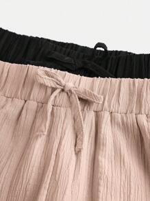 SHEIN 2 件套青少年女孩休闲梭织纹理蝴蝶结宽松阔腿裤，休闲度假风格