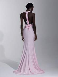 Elitara Elegant Pink Luxurious Knitted Mermaid Hem Dress,Handmade Floral Decor Plunging V-Neck Off Shoulder Evening Gown For Formal Occasion,Ceremony & Party - Pink - View 1