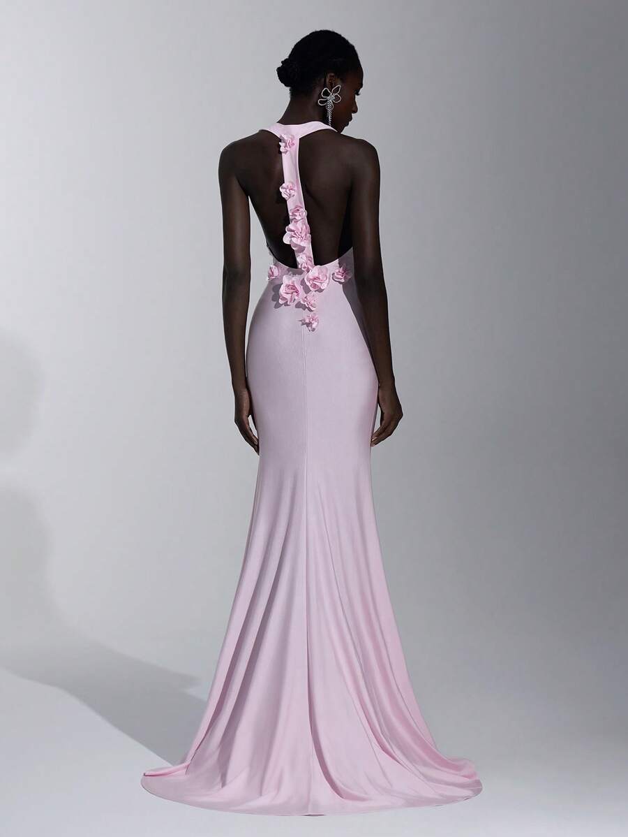 Elitara Elegant Pink Luxurious Knitted Mermaid Hem Dress,Handmade Floral Decor Plunging V-Neck Off Shoulder Evening Gown For Formal Occasion,Ceremony & Party - Pink - View 1