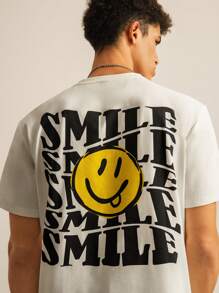 Manfinity VCAY Men Knitted Crew Neck Urban Short Sleeve Casual T-Shirt With Letter & Face Print, Boyfriend Gift, Summer - White - View 3