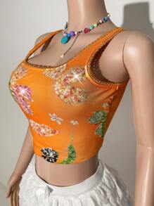 Slaydiva 2025 Neue Sommer Ankunft Sexy Lässig Urlaubsstil orangefarbener figurbetonter floraler Pailletten-Stickerei Muster Damen Chiffon Bademodenstrandkleid, geeignet für Musikfestivals, Ostern, Strandurlaub, Alltagsmode, Abschlussfeier, Sexy Club, Geburtstagsparty, Boho-Stil