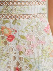 Anewsta 女士修身喇叭形钩针刺绣印花连衣裙，优雅度假风 - 彩色 - 查看 7