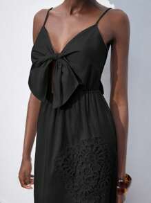 Maija Váy hai dây hở lưng họa tiết hoa thanh lịch, đầm duyên dáng thường ngày, phù hợp cho tiệc sáng muộn, khách dự tiệc cưới, mùa hè - màu đen - Xem 5