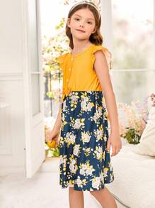 SHEIN Toddler Girls Fake Button Bow Front Floral Dress - Multicolor - View 8